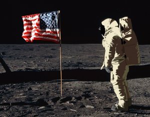 Illustrated Buzz Aldrin, saluting on Lunar surface, composited on top of real image. Made in Illustrator.